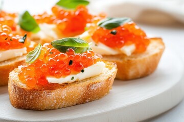 making sandwiches with baguette and butter with caviar making delicious and healthy sandwiches with red caviar