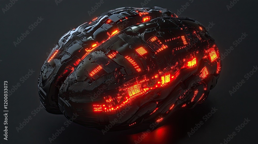 Poster futuristic robotic brain glowing with red lights