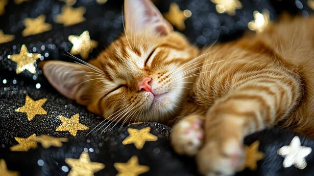 cute pet portrait, ginger cat sleeping in bed, gold star pattern bed sheet