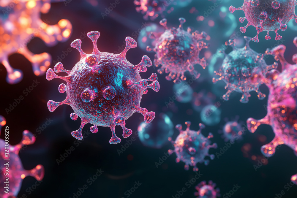 Poster artistic representation of viral particles connected by neural networks, glowing against a dark grad