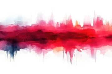 A watercolor painting of a city skyline at sunset