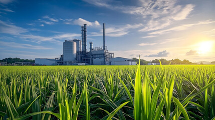 A modern sugarcane processing plant adjacent to vast green fields, highlighting the integration of agriculture and bioethanol production for renewable energy