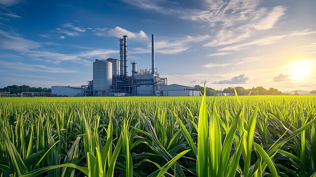 A modern sugarcane processing plant adjacent to vast green fields, highlighting the integration of agriculture and bioethanol production for renewable energy