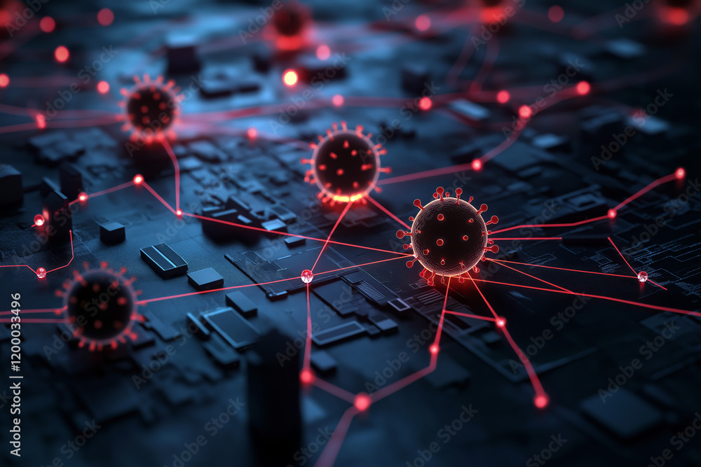 Poster conceptual representation of a virus spreading through a city, with glowing red dots connecting loca