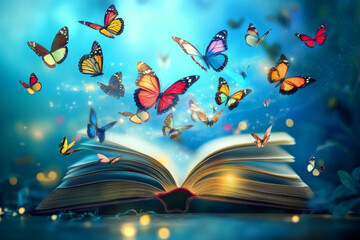 Detailed clipart of an open book with pages fluttered in the breeze, clear sharp focus, and a unique hyperrealistic illustration 
