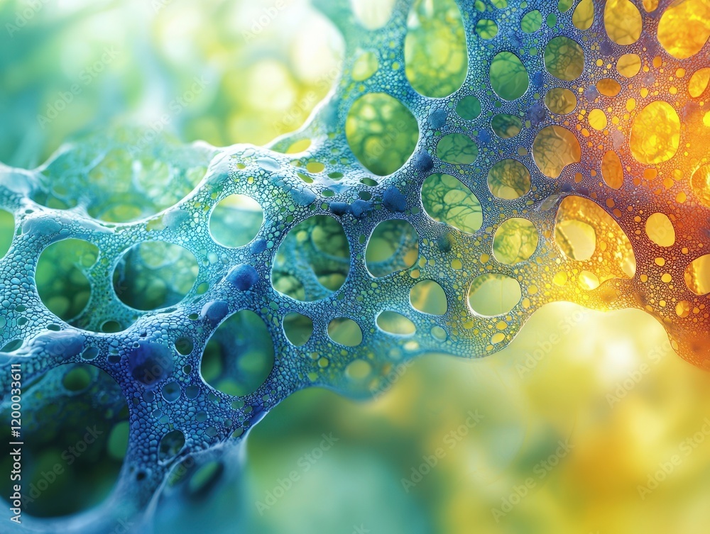 Poster abstract organic structure with porous textures transitioning from cool blue to warm orange hues. id