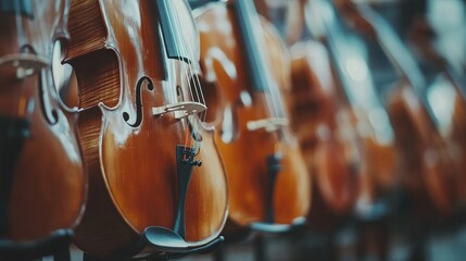 Close-up of multiple violins lined up.