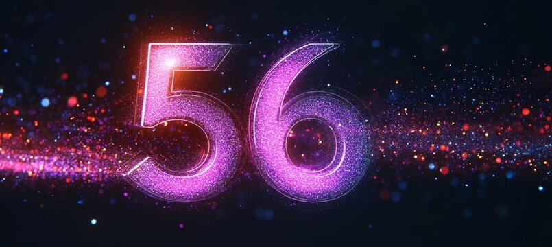 Glowing Digital Single Big 3D Number 56 in Futuristic Style on Digital Abstract Background