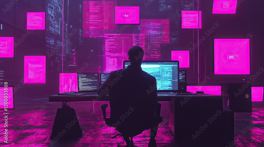 Poster hacker working late in a neon pink lit room