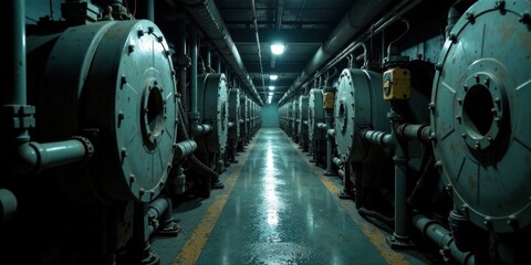 Fototapeta premium Industrial Machinery Corridor Rows of Aged Metallic Cylinders and Pipes in a Dark, Low-Lit Facility