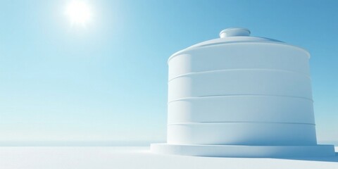 A pristine white cylindrical structure under a bright sun, minimalist design against a clear blue sky.