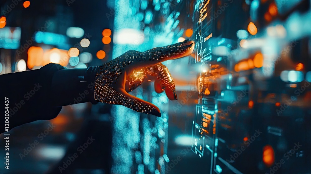 Poster a futuristic hand interacts with a digital interface