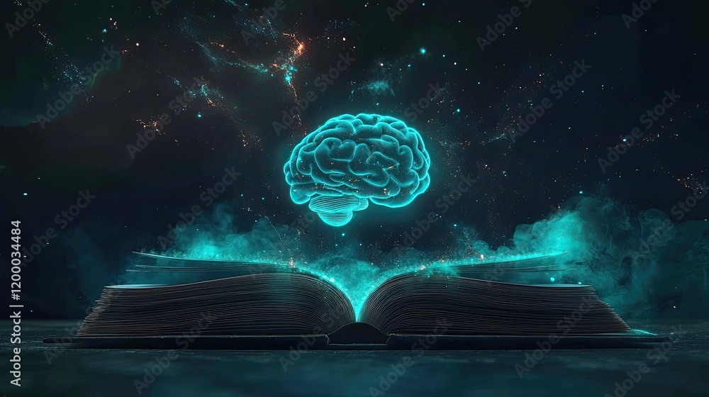 Poster Glowing Brain Above Open Book In Cosmic Setting