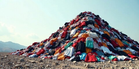 A massive mound of discarded apparel forms a striking hill against a clear sky and rocky terrain