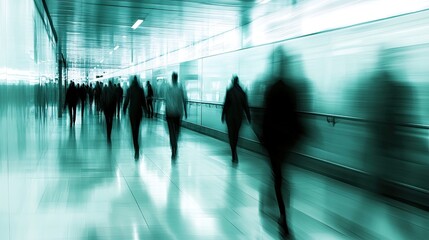 Blurry Figures Walking Through Modern Corridor