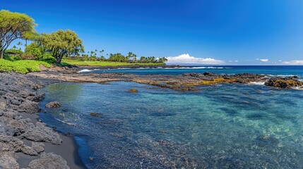 Obraz premium Tranquil Hawaiian Coastline Black Sand Beach Scene