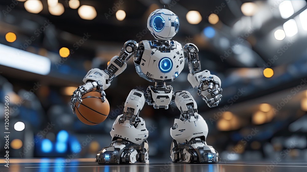 Poster advanced robot holding basketball in arena