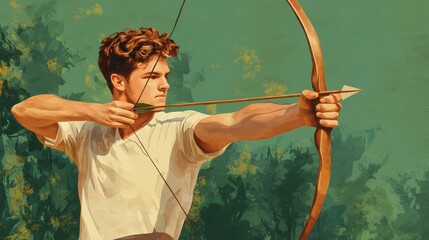 A young archer focuses intently while aiming his bow, surrounded by a lush green background, embodying concentration and skill in archery.