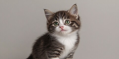 Adorable Tabby Kitten Portrait Grey Background Studio Shot