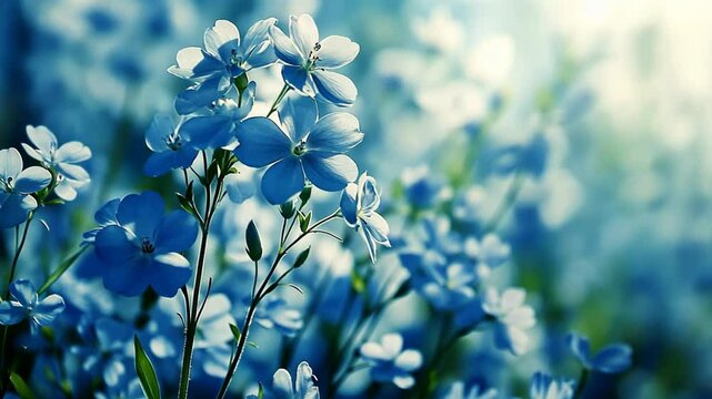 dreamy spring blue flower field blossoming against sunlight, enchanted magic beauty nature moment	
