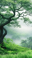 Fototapeta premium Majestic Tree in Misty Green Forest Landscape