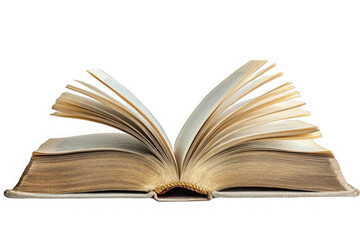 Open old book with used paper pages isolated on transparent background, png, cutout.