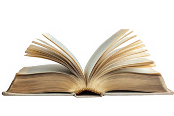 Open old book with used paper pages isolated on transparent background, png, cutout. 
