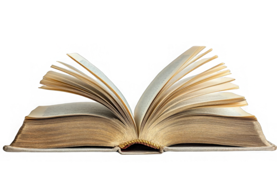 Open old book with used paper pages isolated on transparent background, png, cutout.