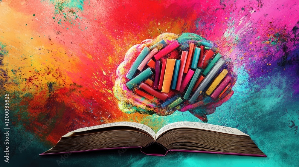Poster colorful brain exploding with knowledge from open book
