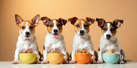 Four adorable small dogs patiently awaiting their tasty treats in colorful teacups