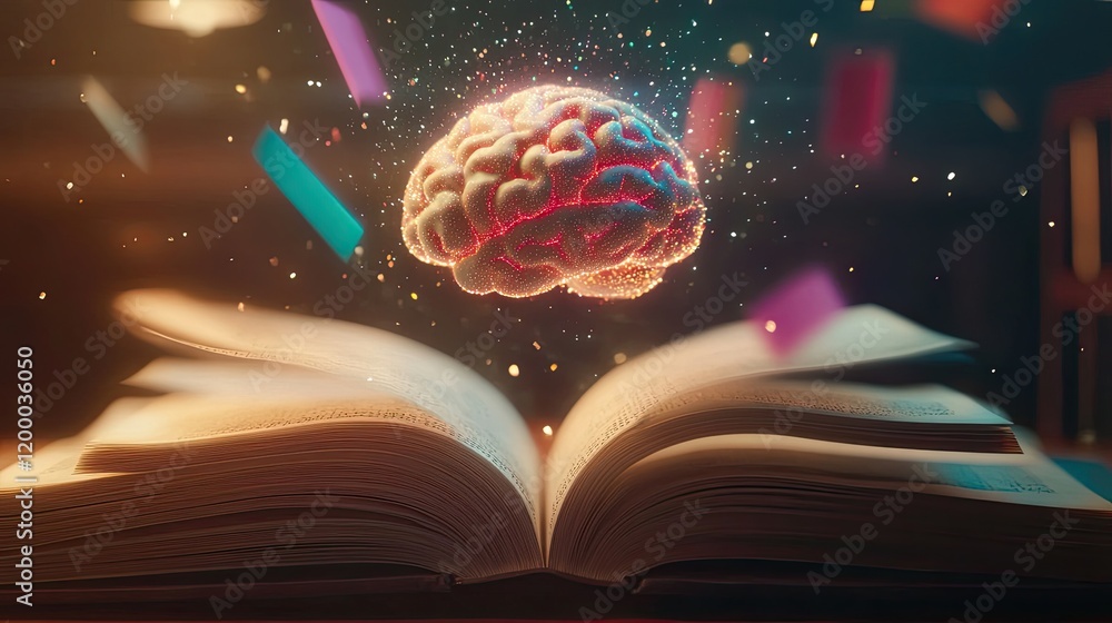 Poster Illuminated Brain Above Open Book Representing Knowledge