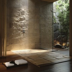 Serene Shower Room With Stone Walls And Bamboo Accents