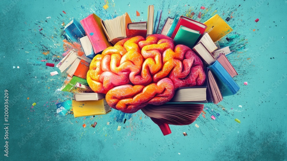 Poster Colorful Brain Surrounded by Many Books Exploding with Knowledge