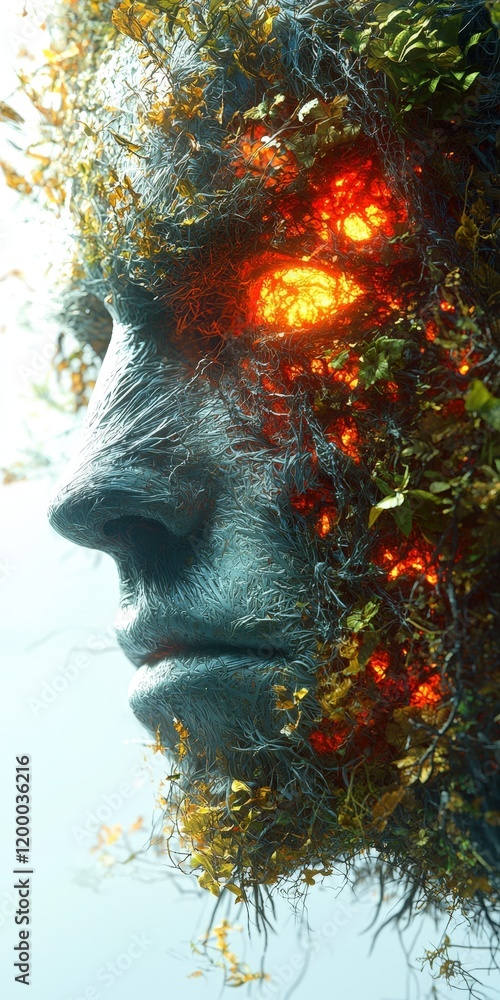 Poster A surreal profile of a face merging with nature. Glowing embers intertwine with roots and leaves creating a captivating image. Ideal for album covers or fantasy art.
