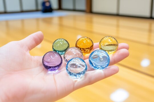 Colorful marbles for Gongi Nori held in a hand with players engaged in traditional game in background