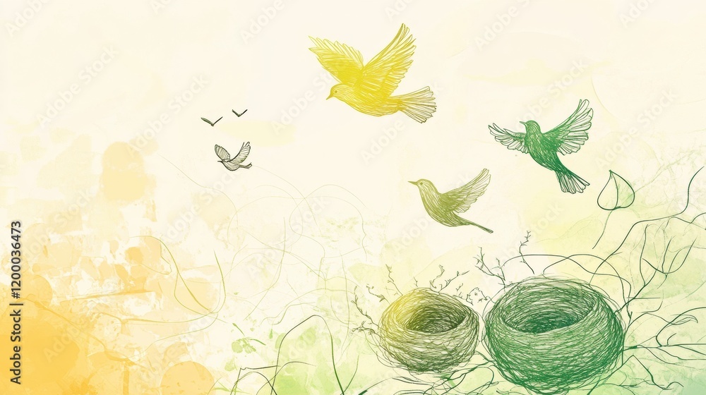 Poster birds flying joyfully around nests in a vibrant natural setting during a tranquil morning. generativ