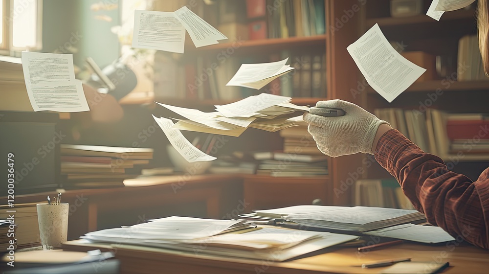 Poster Person sorting through flying papers in a library setting