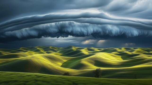 Ominous storm clouds gather over lush, rolling green hills, casting dramatic shadows across the tranquil rural landscape.