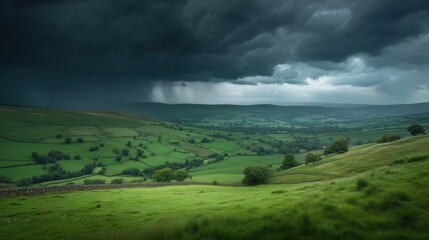 Fototapeta premium Ominous storm clouds gather over lush, rolling green hills, casting dramatic shadows across the tranquil rural landscape.