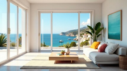 Coastal Living Room with Panoramic Ocean View and Stylish Decor