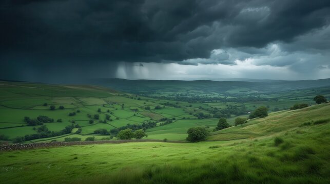 Ominous storm clouds gather over lush, rolling green hills, casting dramatic shadows across the tranquil rural landscape.