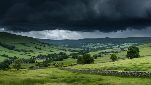 Ominous storm clouds gather over lush, rolling green hills, casting dramatic shadows across the tranquil rural landscape.