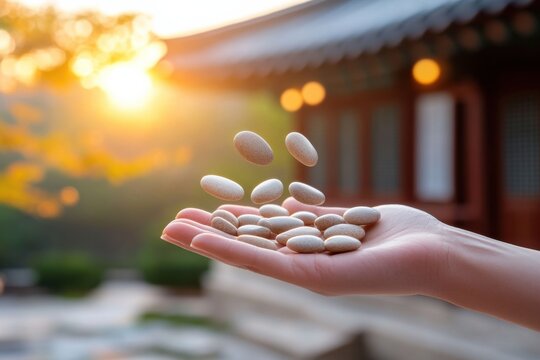 Gongi Nori stones gracefully captured mid-air in a warm traditional Korean home at sunset