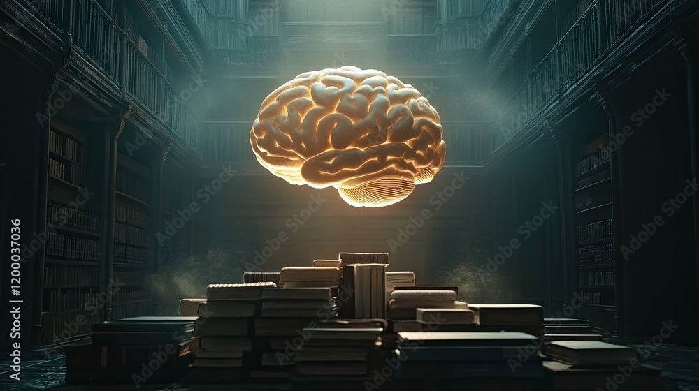 Poster illuminated brain above stacks of books in a grand library