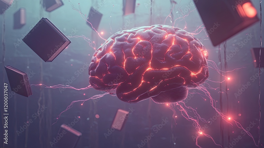 Poster illuminated brain absorbing knowledge from books