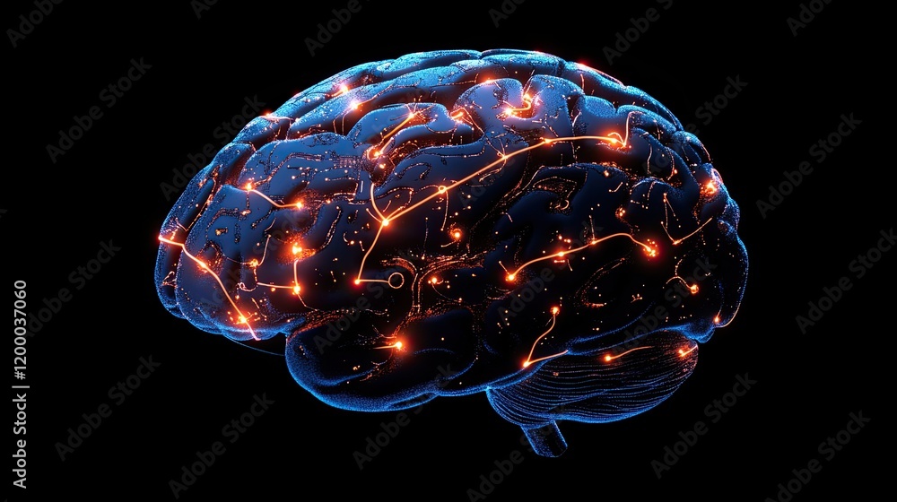 Poster illuminated human brain neural pathways displayed
