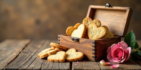 Fototapeta premium A wooden chest overflowing with heart-shaped cookies, complemented by a delicate pink rose on a rustic wooden surface.