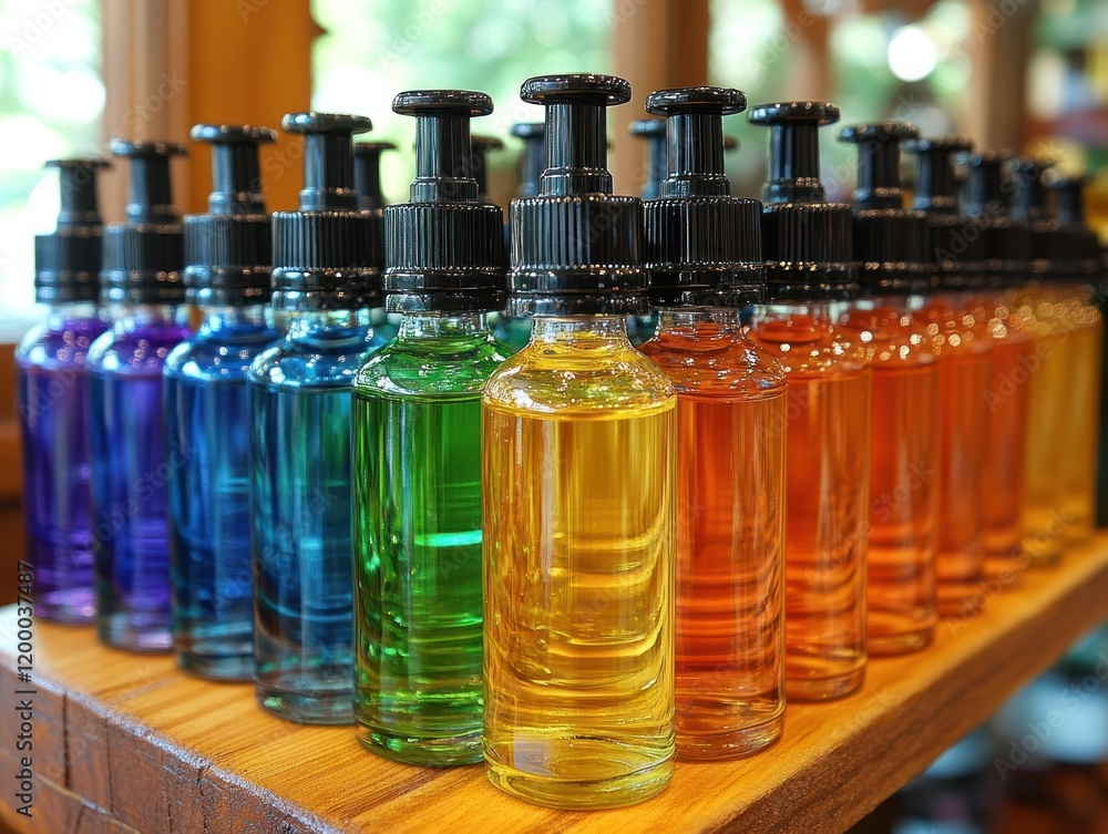 Poster an array of colorful essential oils neatly arranged on a wooden shelf, inviting relaxation
