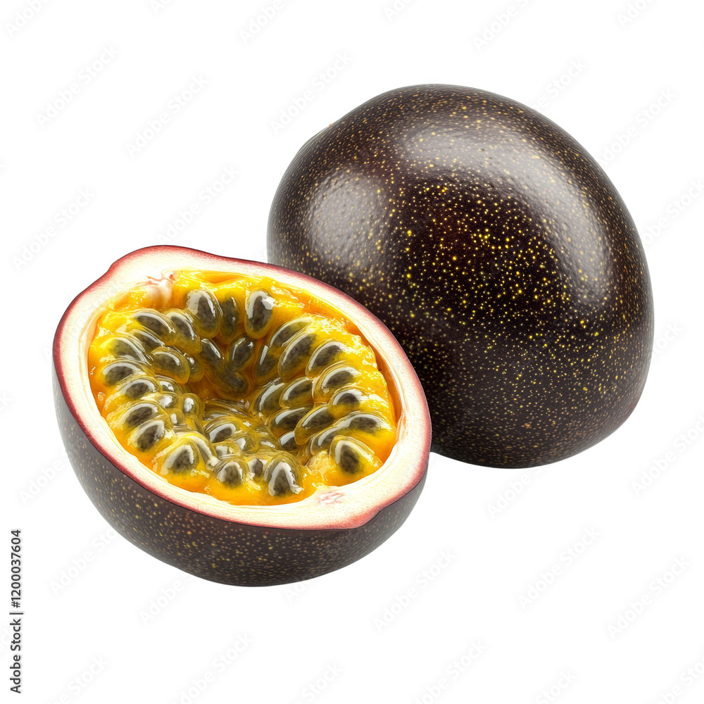 Poster a single whole passion fruit and a half showing the inside with numerous seeds and yellow pulp are s