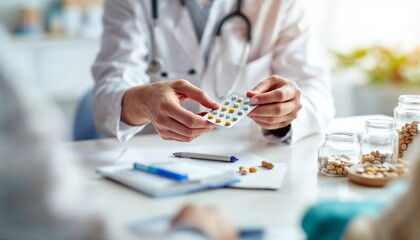  At the doctor's appointment - doctor gives pills to the patient.